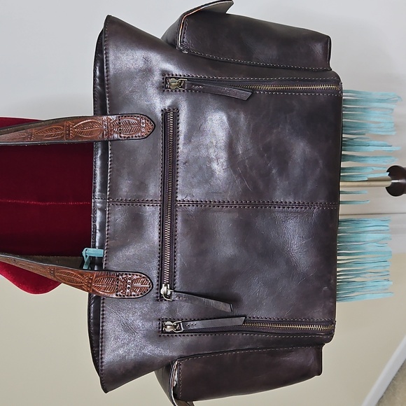 Ariat Brown Tooled Leather Tote with Light Blue Fringe - Picture 6 of 14